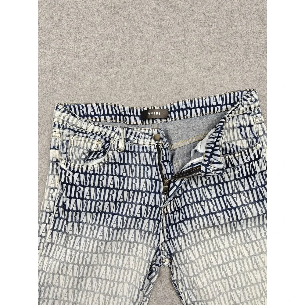 Amiri Jeans Mens 32x32 Blue Medium Wash Allover Logo Skinny Slim Denim Pants